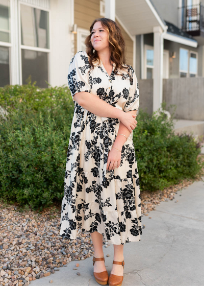 Plus size cream floral button tiered dress