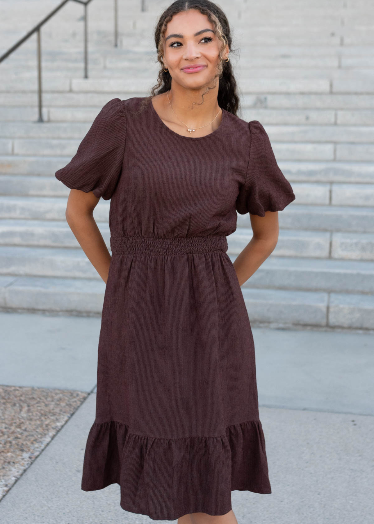 Knee length brown textured dress