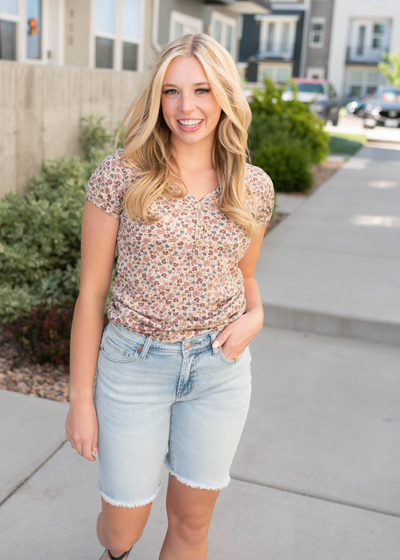 Ivory floral top with cap sleeves