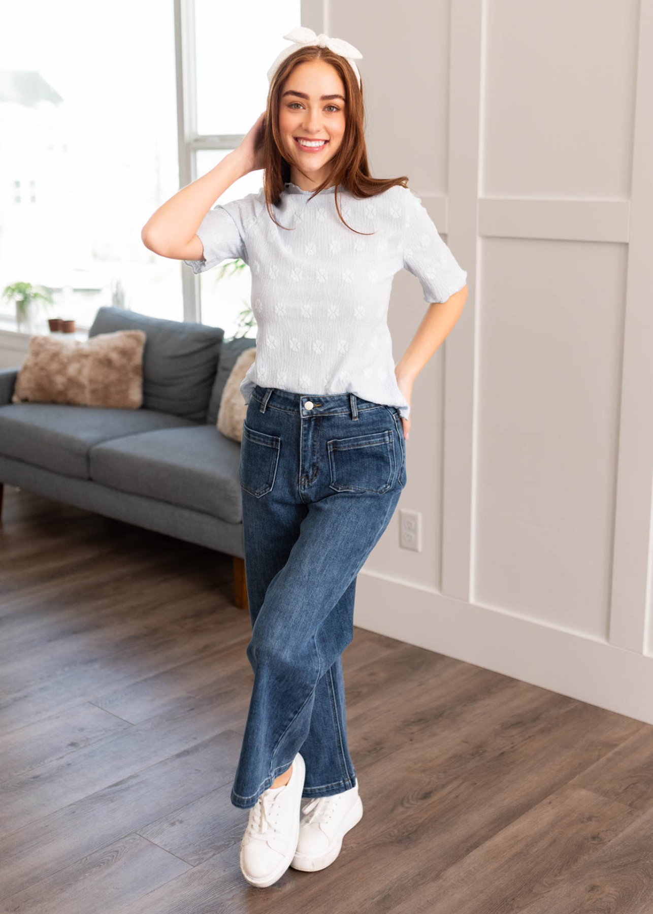 Dusty blue top with a mock turtleneck