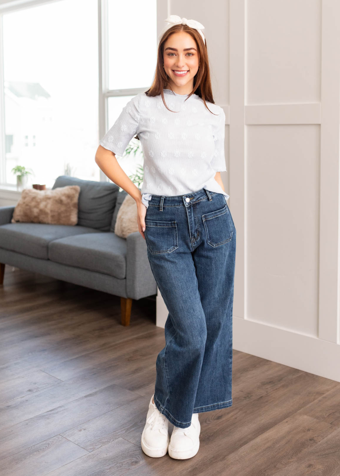 Dusty blue top with short sleeves