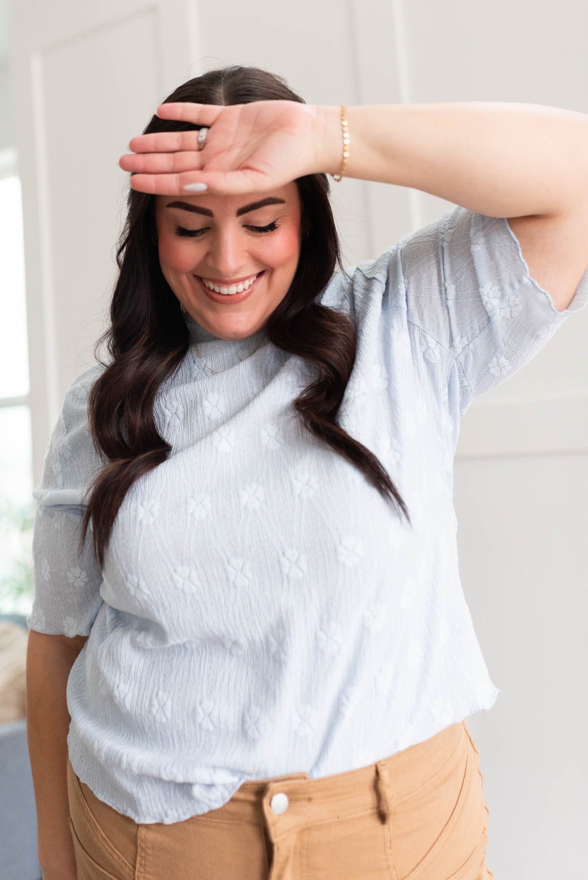 Plus size dusty blue top with flower print