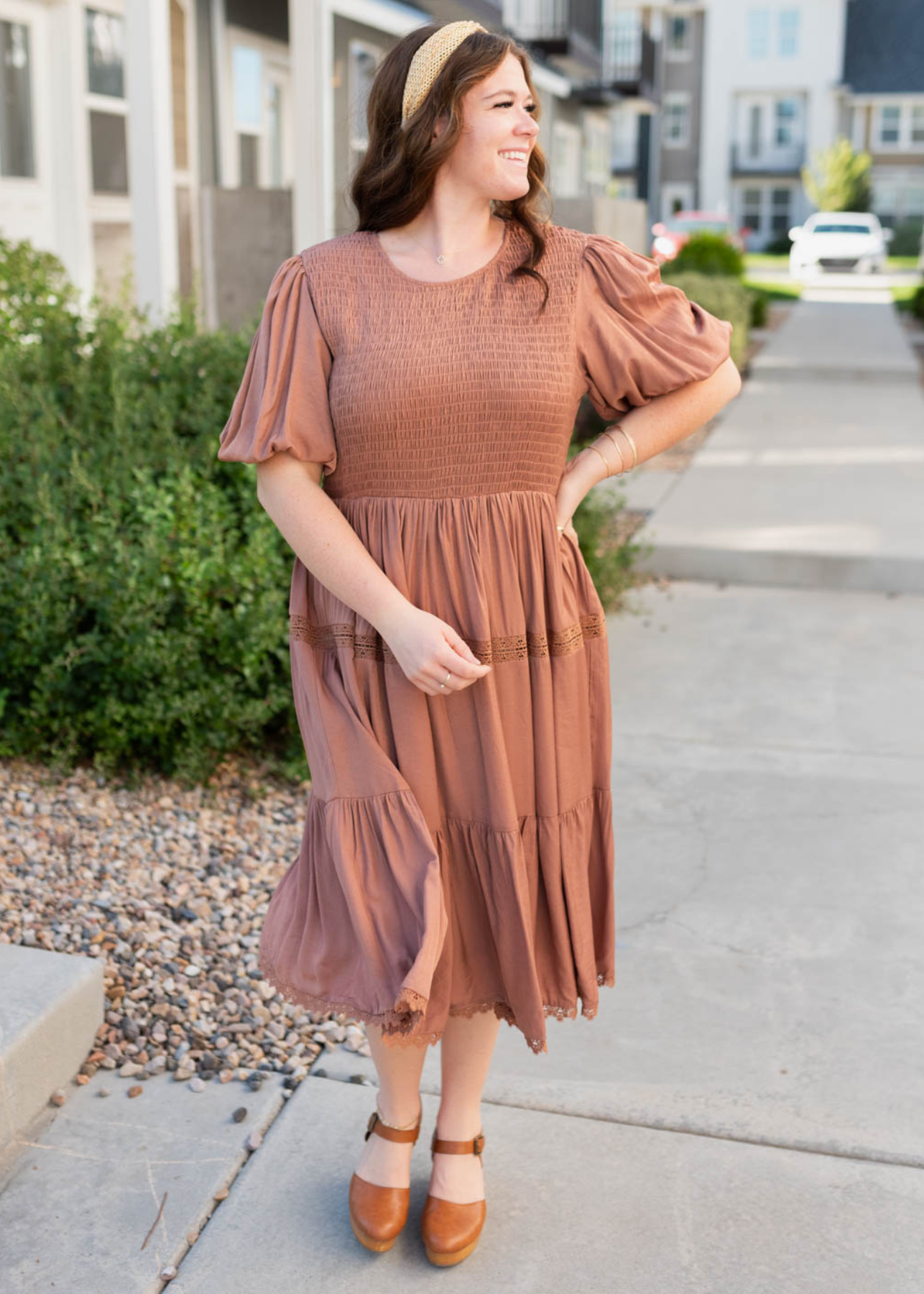 Smocked bodice on the plus size chestnut dress