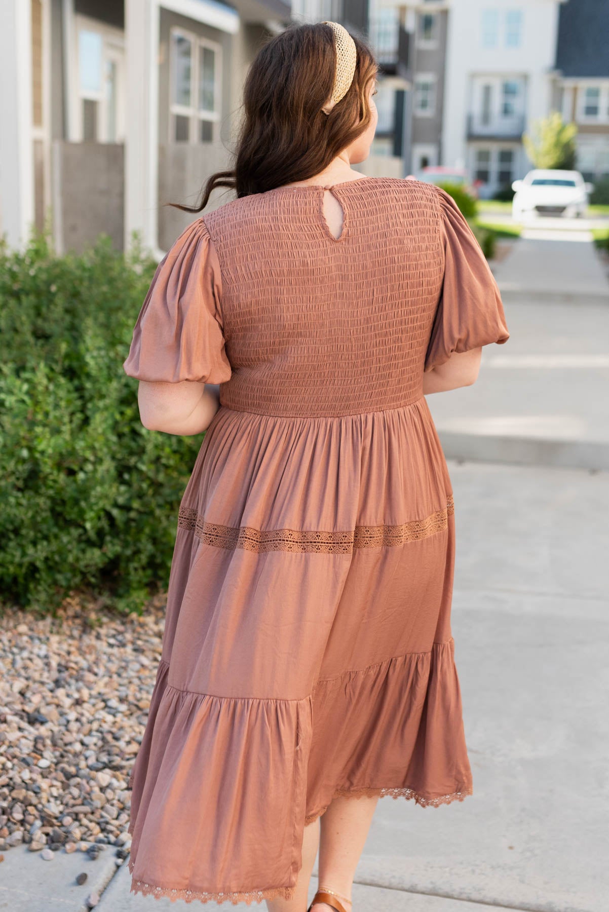 Back view of the chestnut dress in plus size