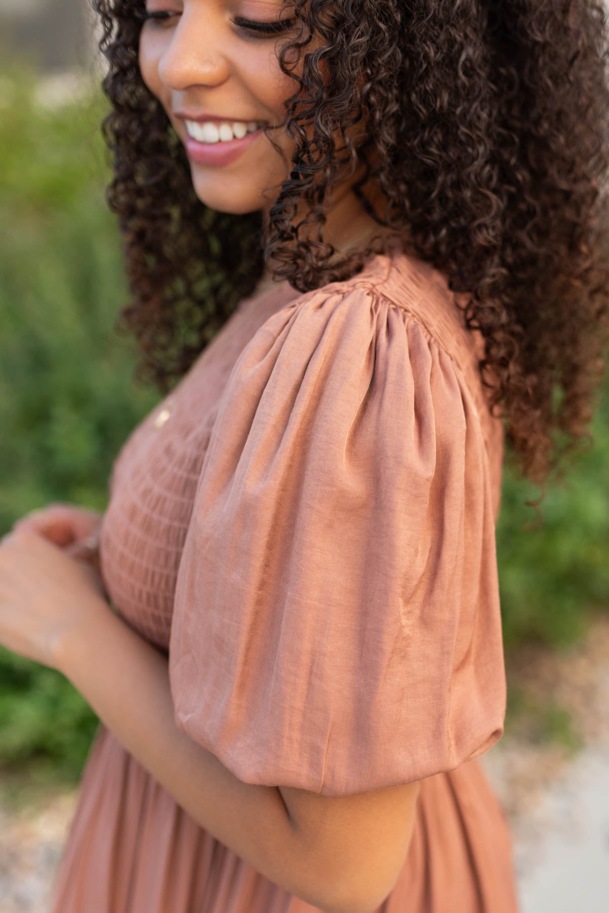 Close up of the sleeve on the chestnut dress