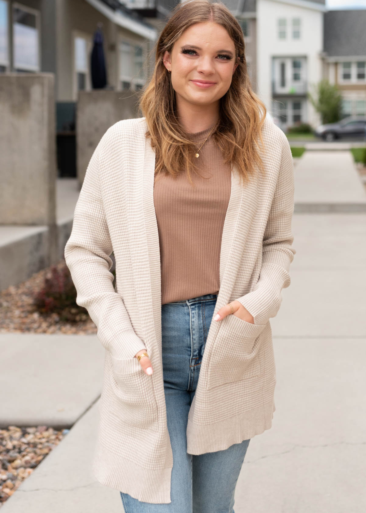 Oatmeal waffle knit cardigan with pockets