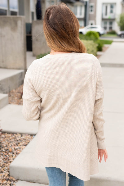 Back view of the oatmeal waffle knit cardigan