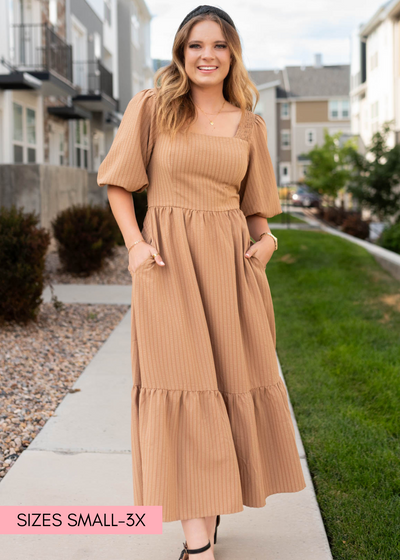 Taupe square neck dress with pockets