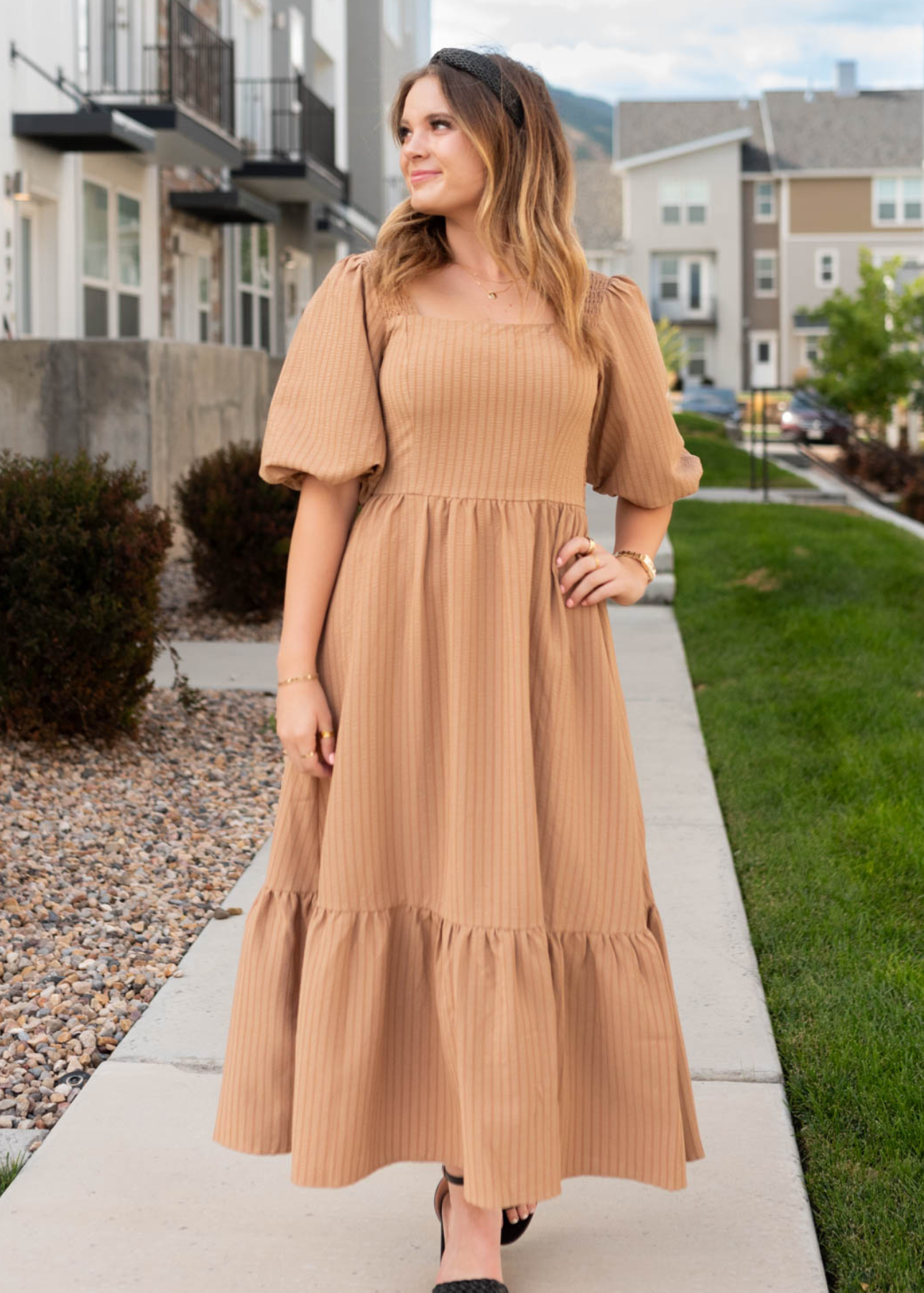 Taupe square neck dress