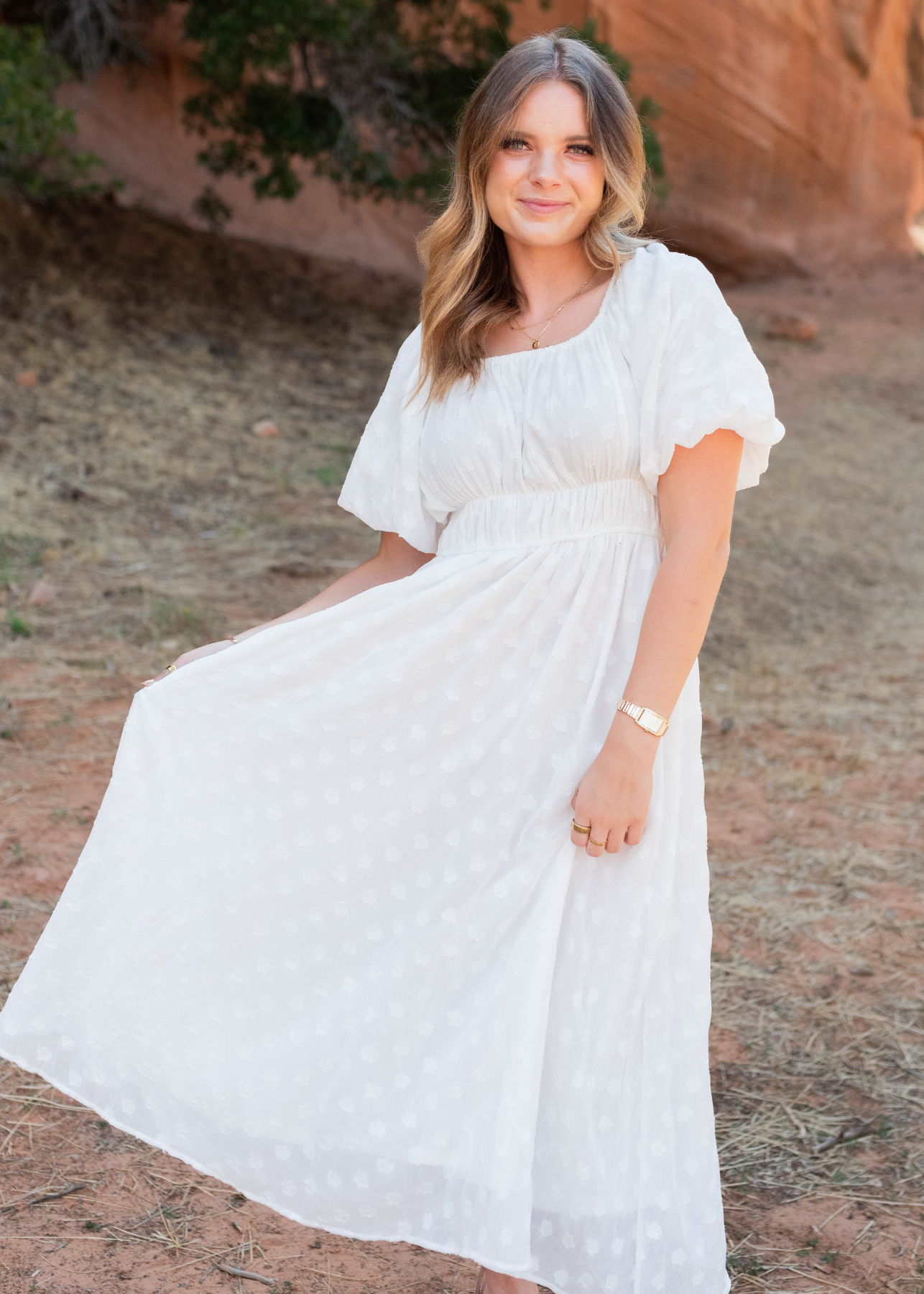 White foral square neck dress with short sleeves