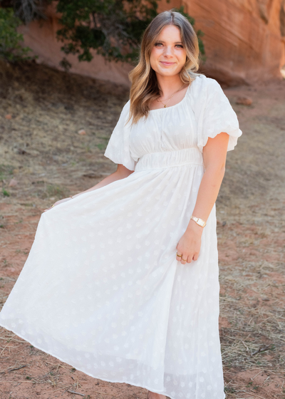 White foral square neck dress with short sleeves