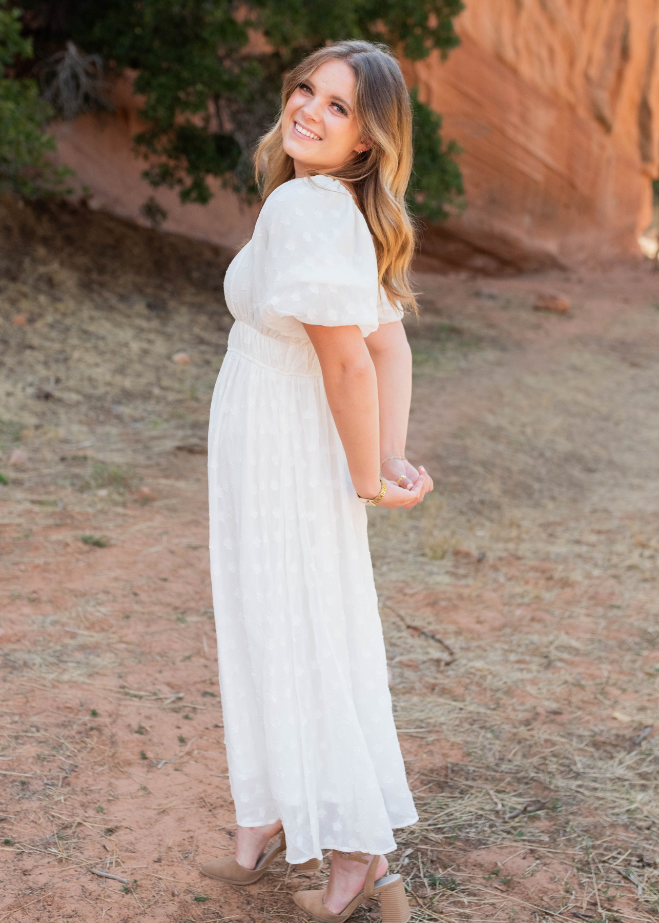 Side view of the white floral square neck dress