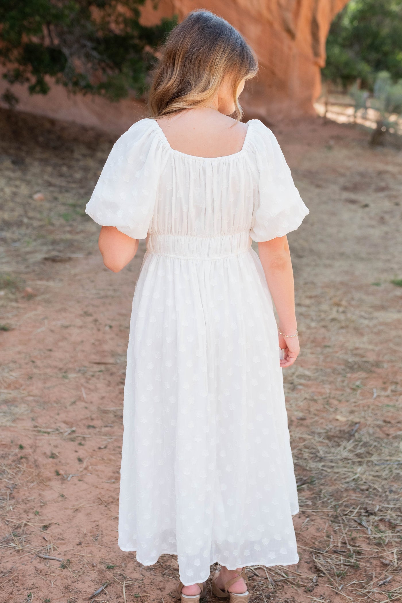 Back view of the white floral square neck dress