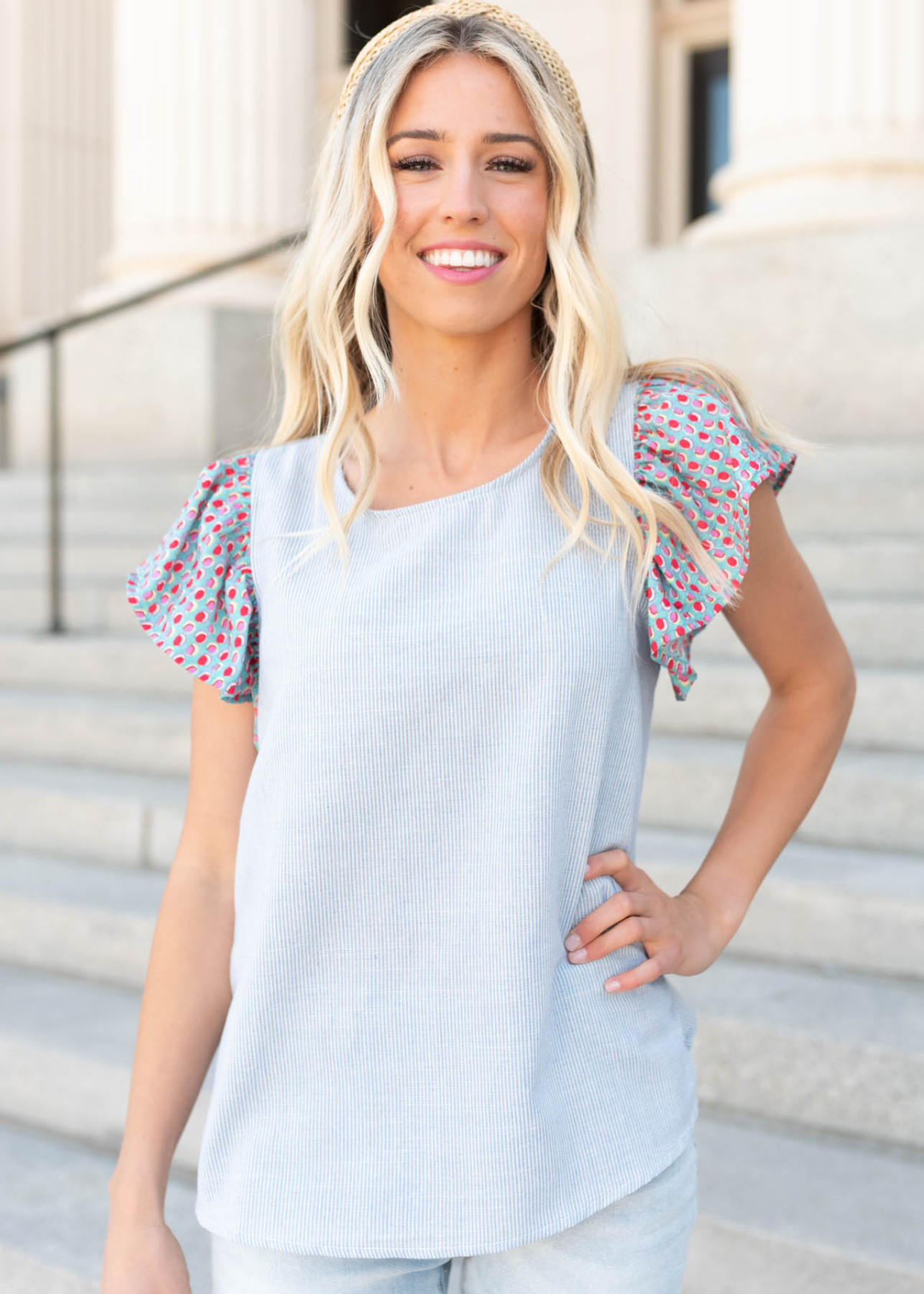 Blue stripe pattern top with ruffle sleeves