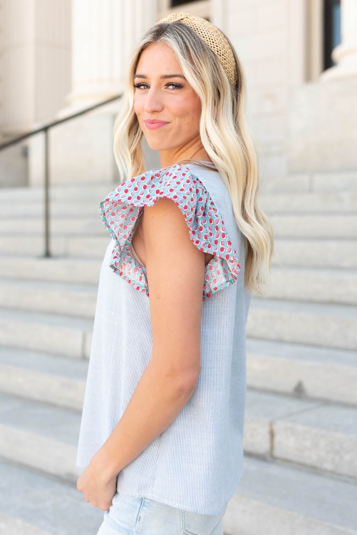 Side view of the blue stripe pattern top