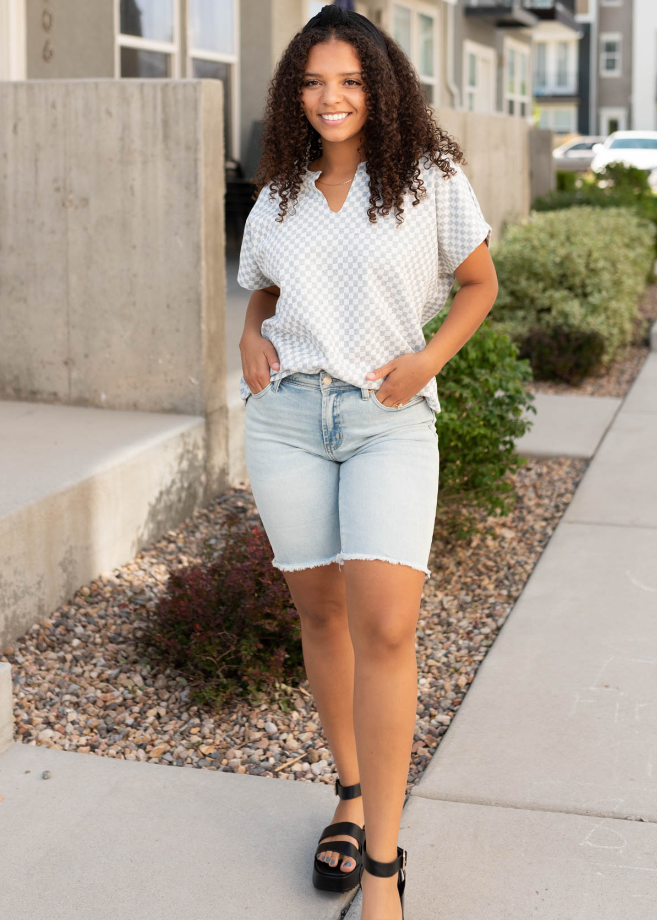 Short sleeve heather grey checkered top