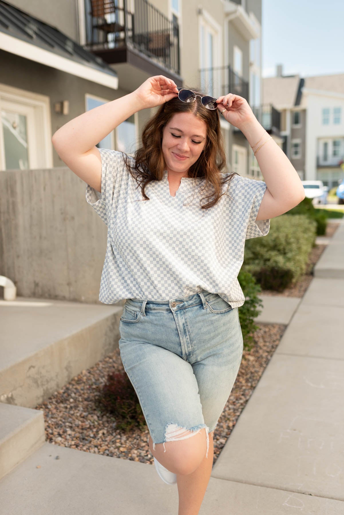 Plus size heather grey checkered top