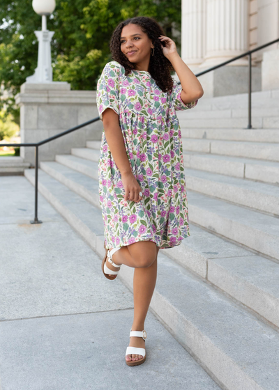 Short sleeve ivory multi floral dress