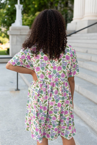 Back view of the ivory multi floral dress