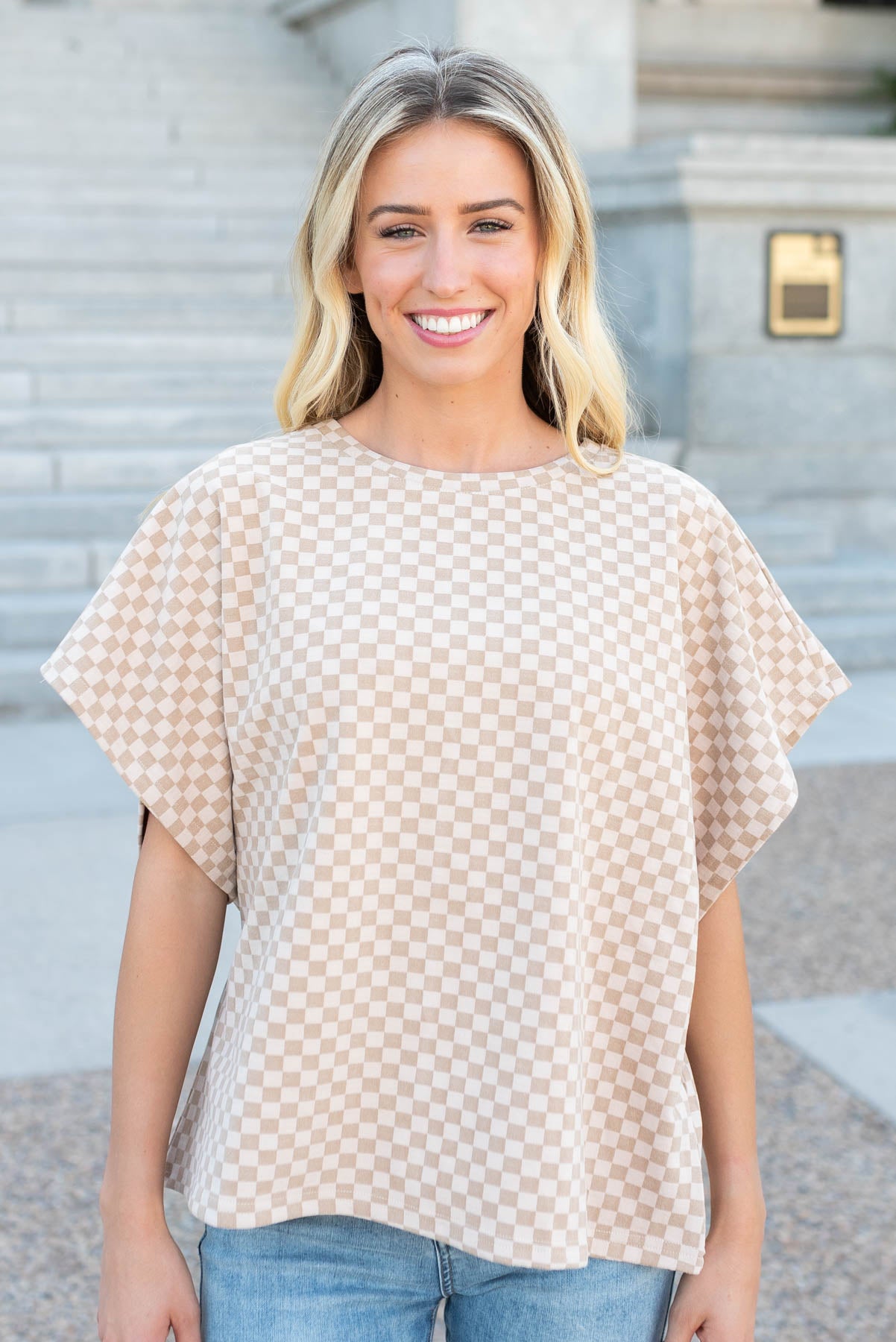 Drop sleeve almond checkered top