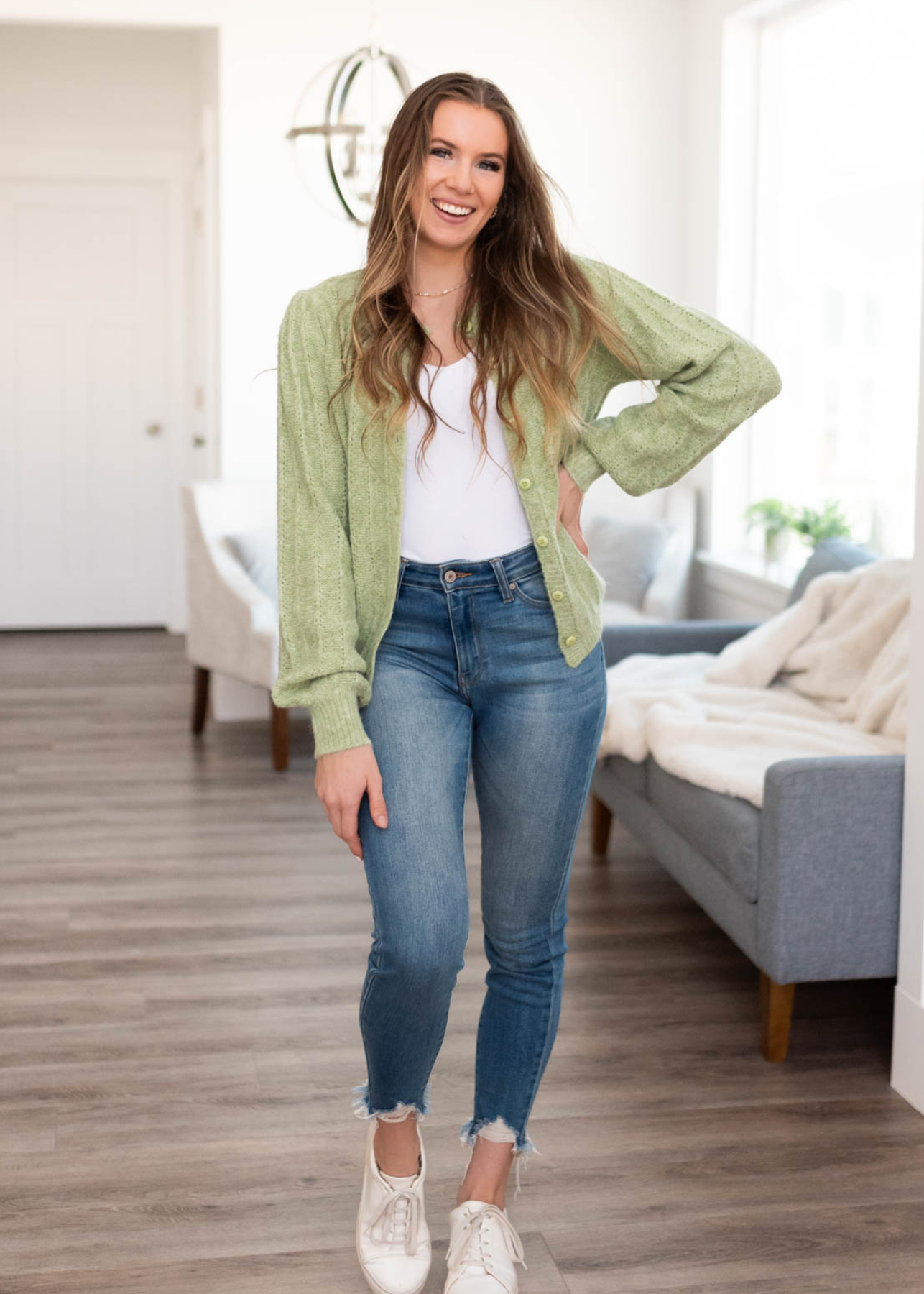 Button up light green puff sleeve sweater