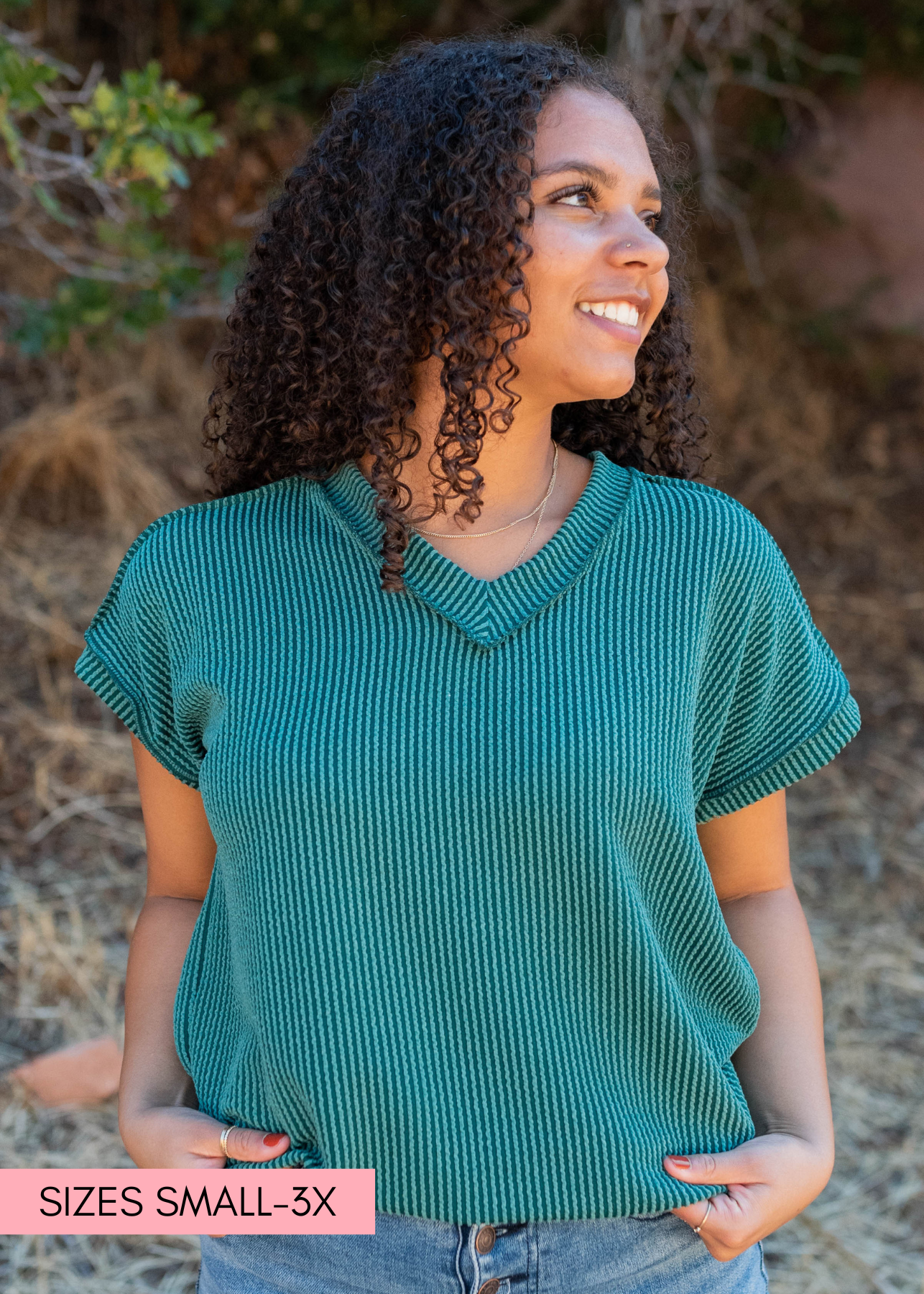 Hunter green ribbed top with short sleeves