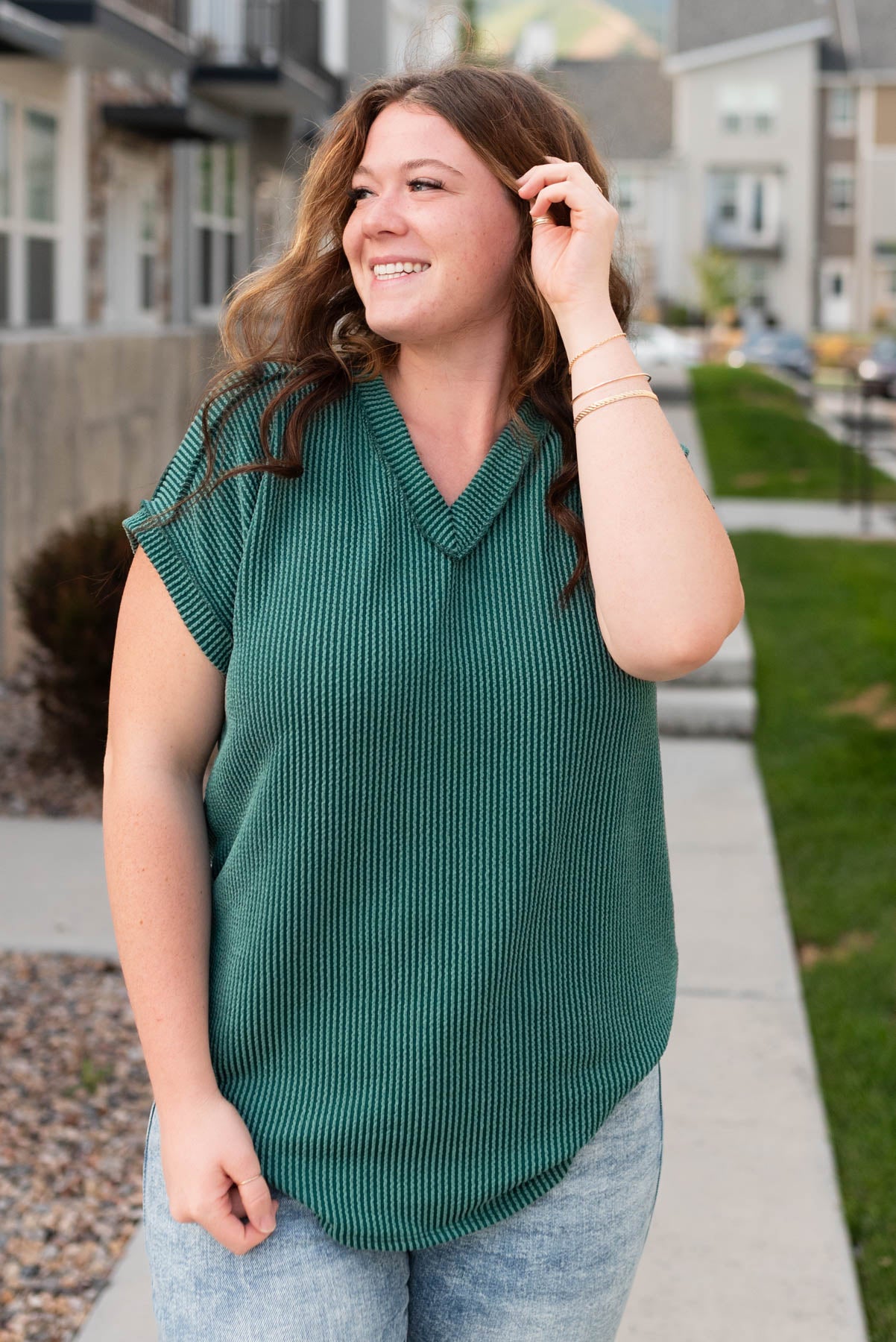 Plus size short sleeve hunter green ribbed top