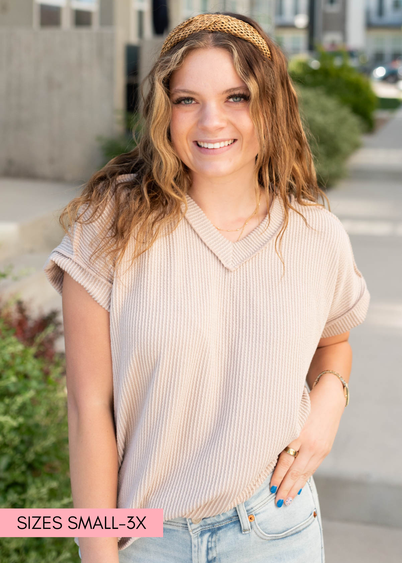 Short sleeve oatmeal ribbed top