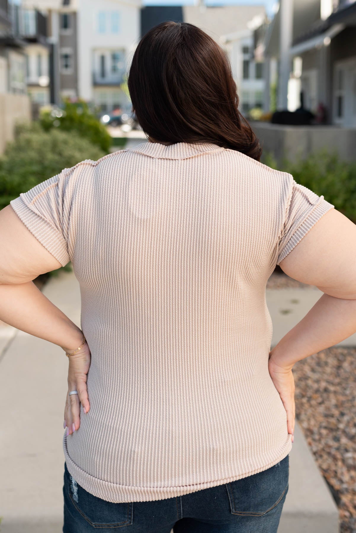 Back view of the oatmeal ribbed top