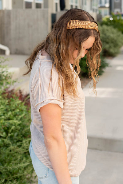 Side view of the oatmeal ribbed top