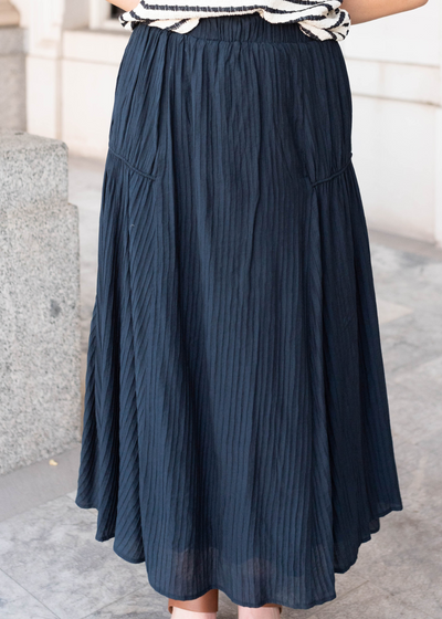 Back view of the navy maxi skirt
