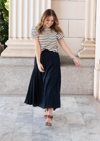 Front view of a navy maxi skirt