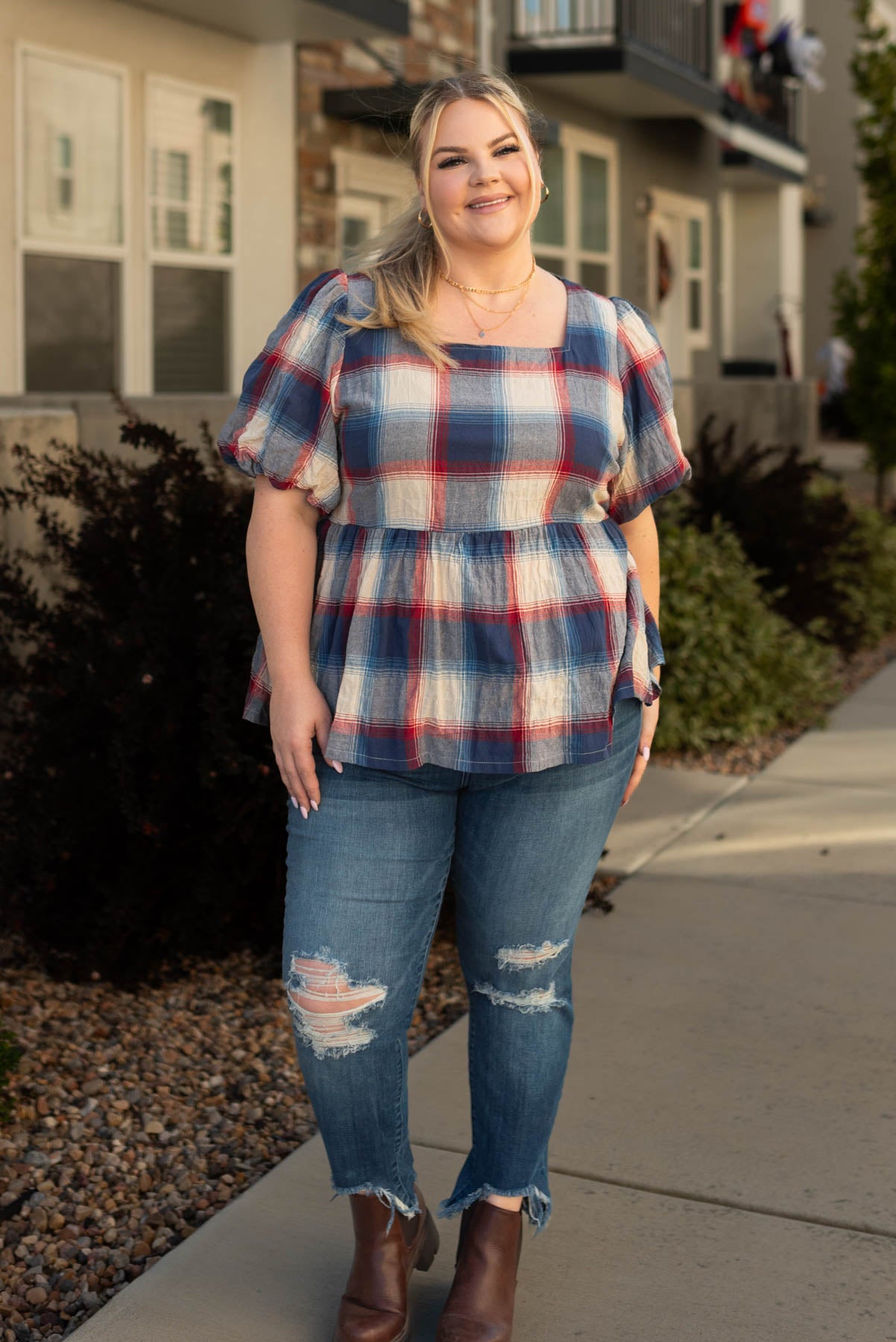 Peplum style plus size navy plaid top