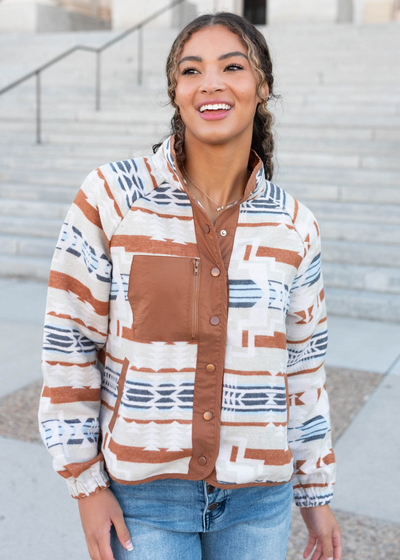 Close up of the brown aztec shacket