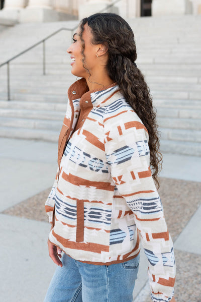 Side view of the brown aztec shacket