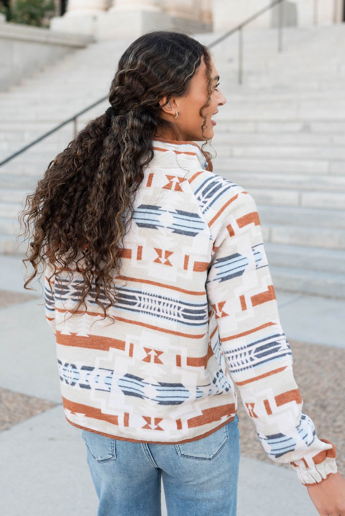 Back view of the brown aztec shacket