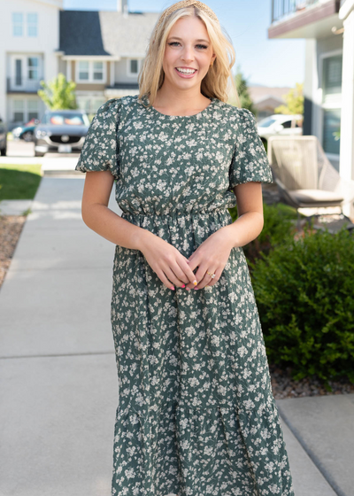 Dusty jade floral dress with short sleeves