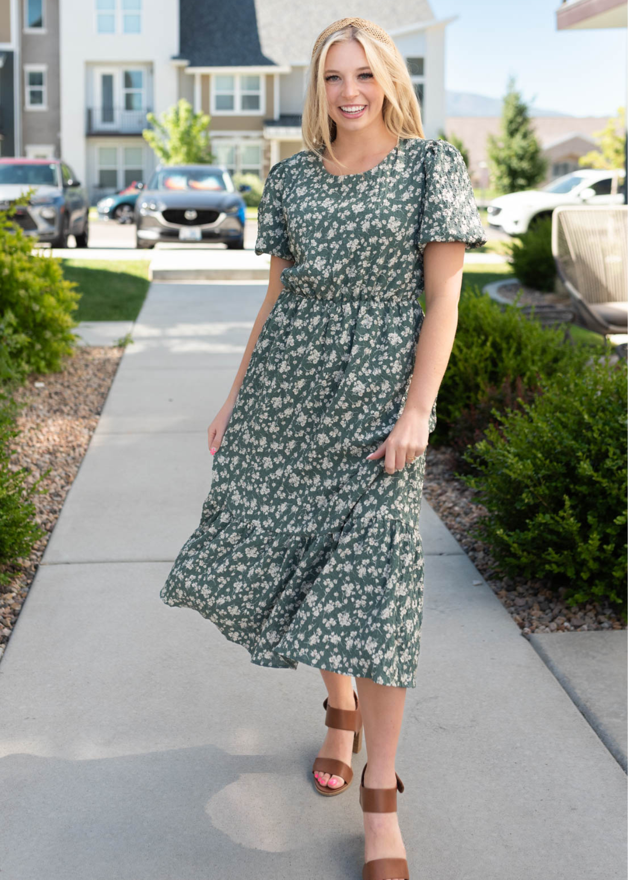 Short sleeve dusty jade floral dress