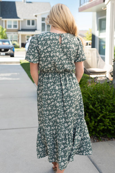 Back view of the dusty jade floral dress