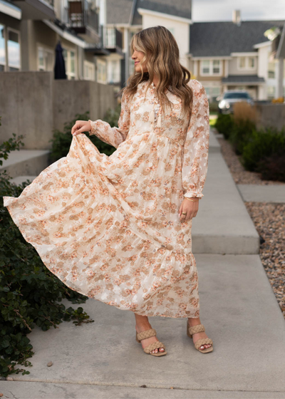 Long sleeve tiered peach flower dress