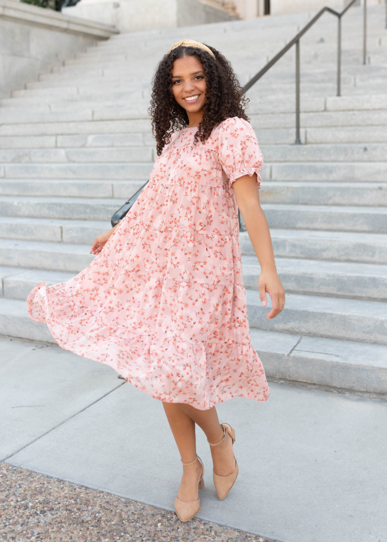 Pink floral dress with short sleeves