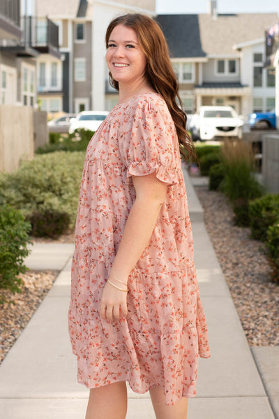 Side view of the plus size pink floral dress