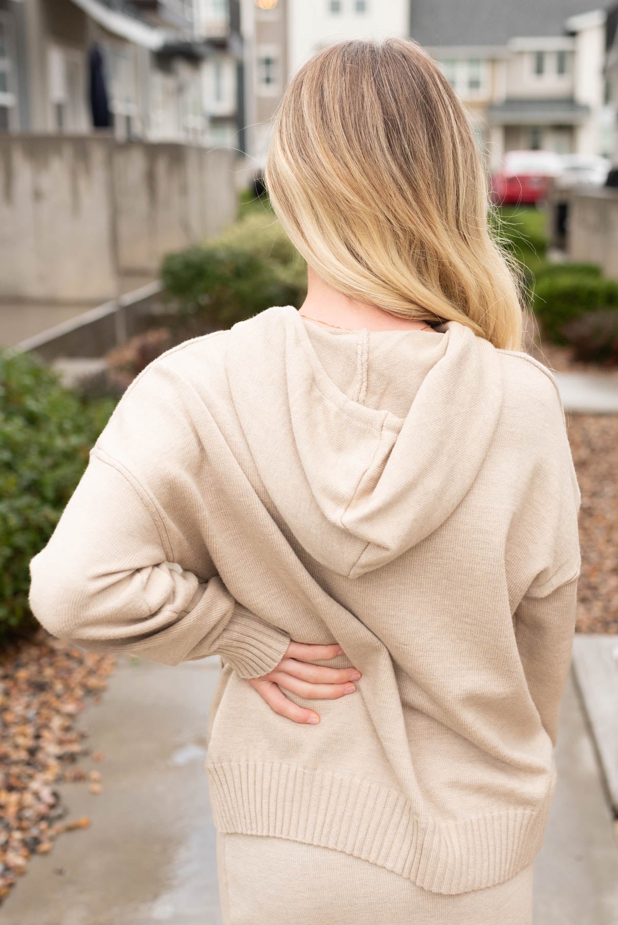 Back view of the taupe sweater with a hoodie