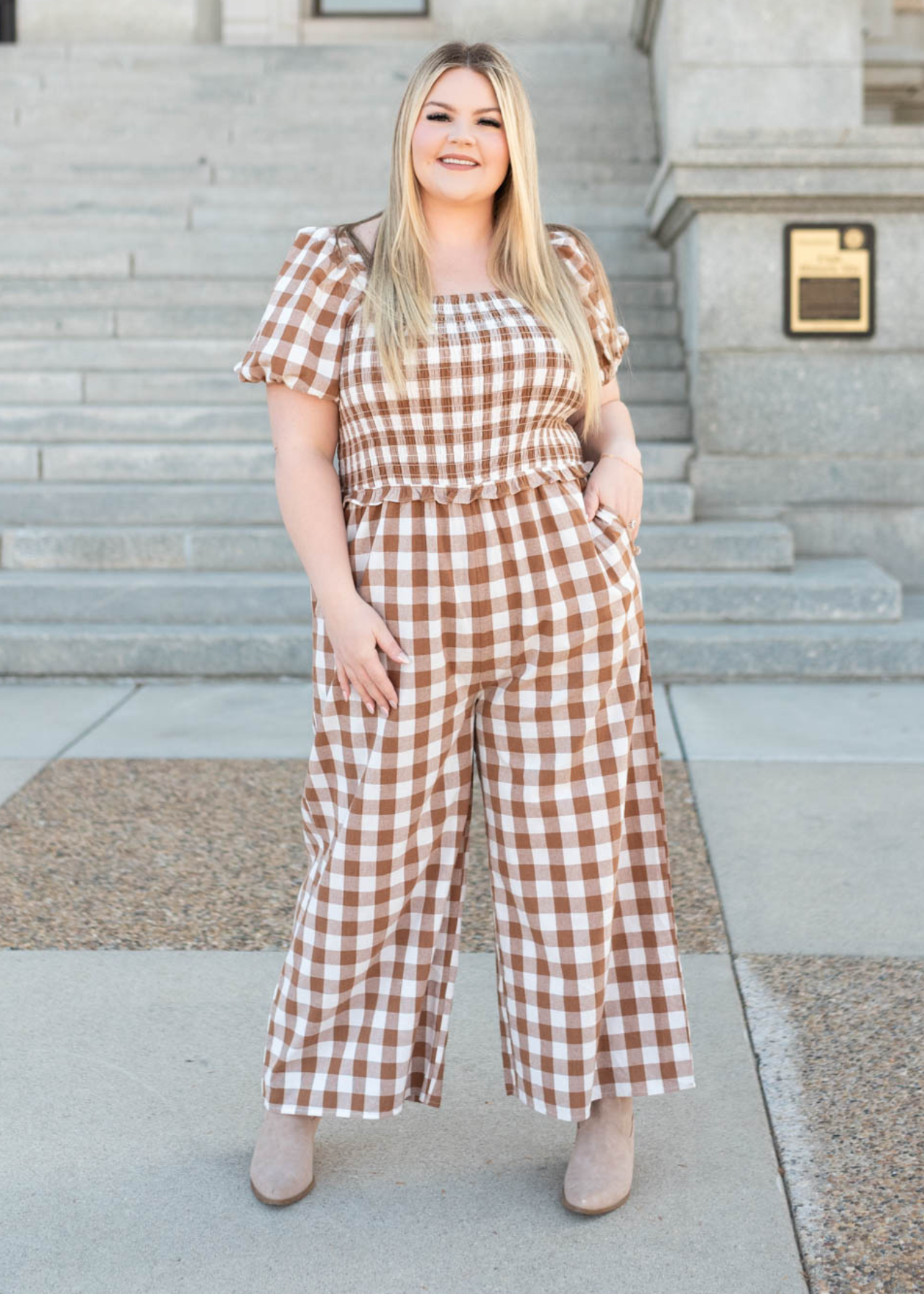 Plus size taupe gingham jumpsuit