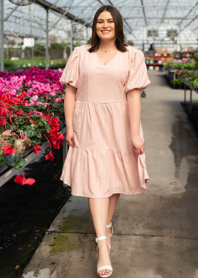 Blush lace dress with short sleeves