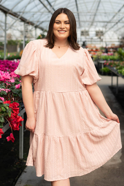 Short sleeve blush lace dress with a v-neck