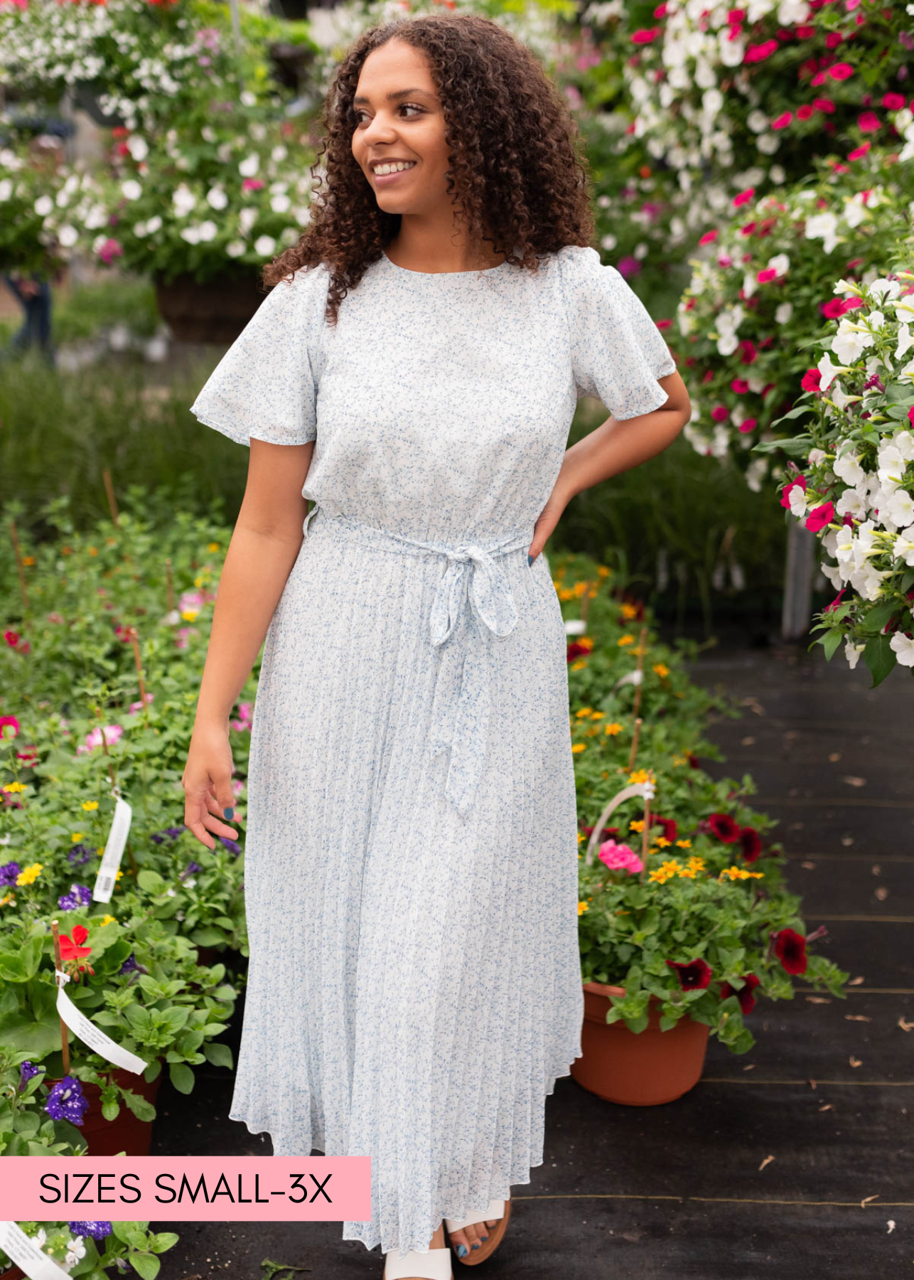 Lynda Ivory Blue Floral Pleated Dress