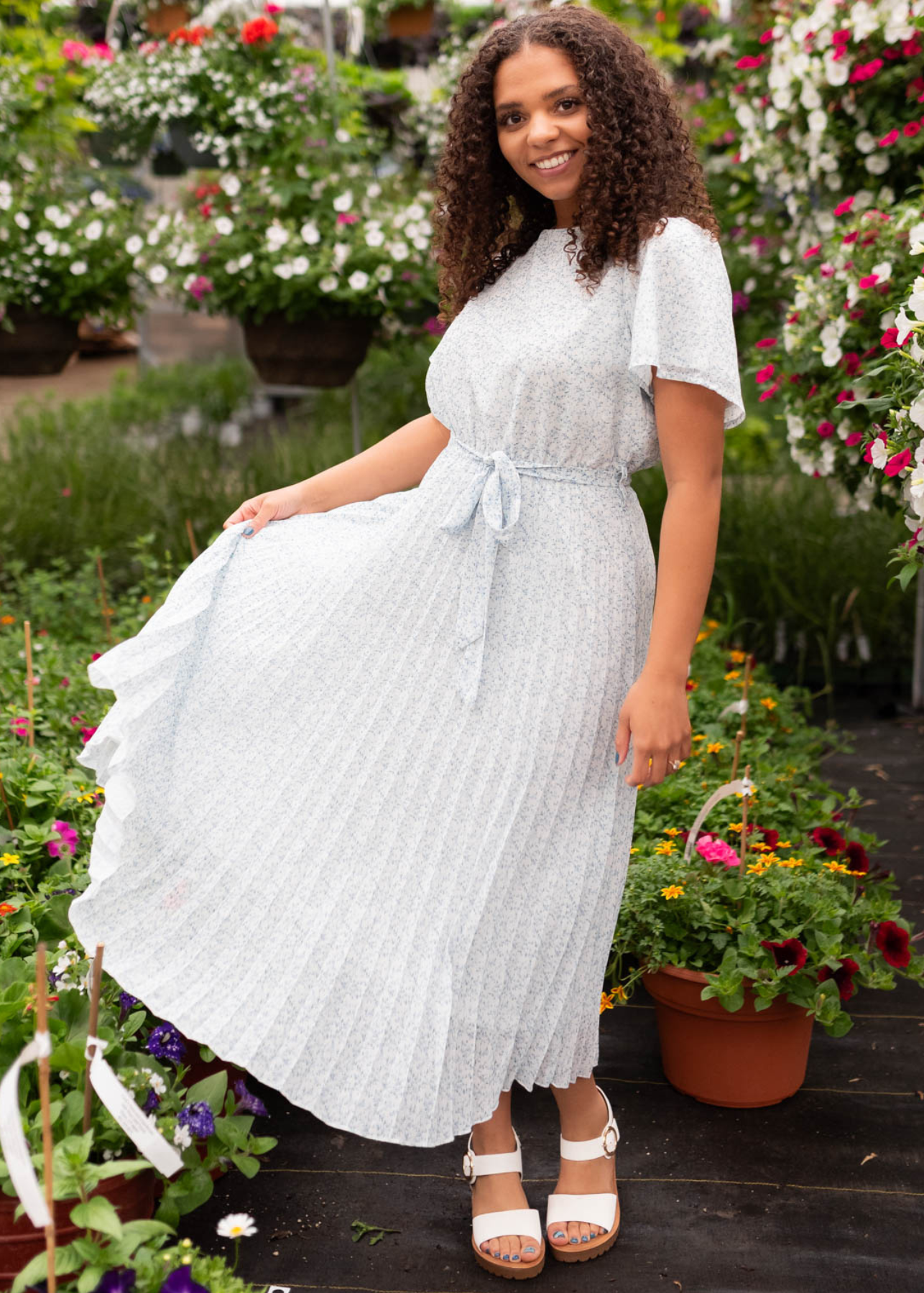 Lynda Ivory Blue Floral Pleated Dress