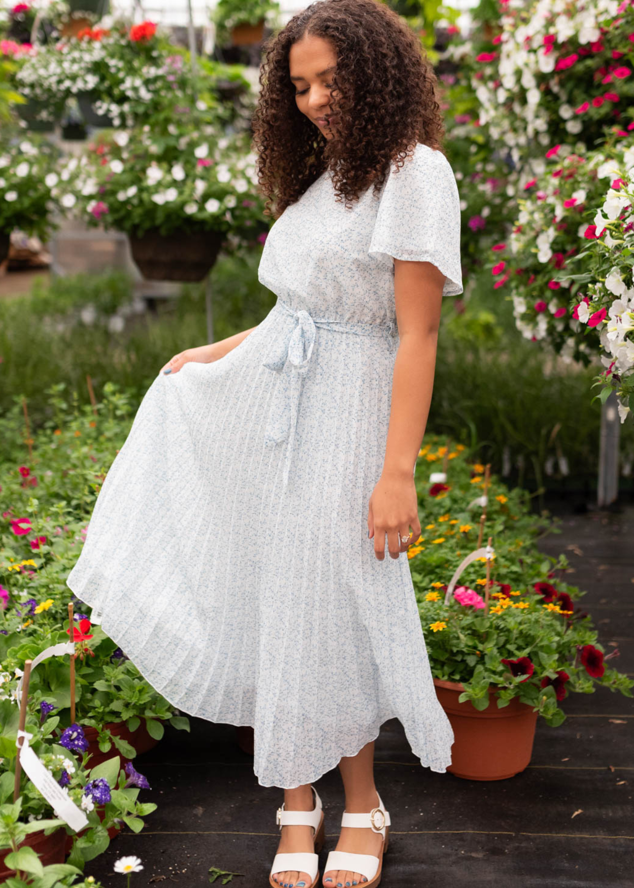 Lynda Ivory Blue Floral Pleated Dress