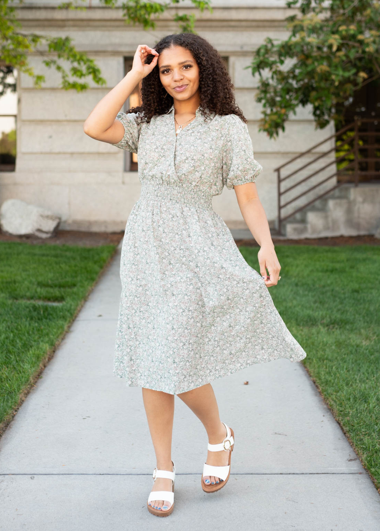 Olive floral mid dress with short sleeves